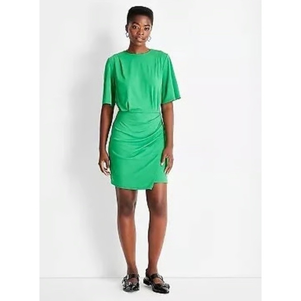 Future Collective Kahlana Barfield Green Ruched Mini Dress‎ Flutter Sleeve Small
